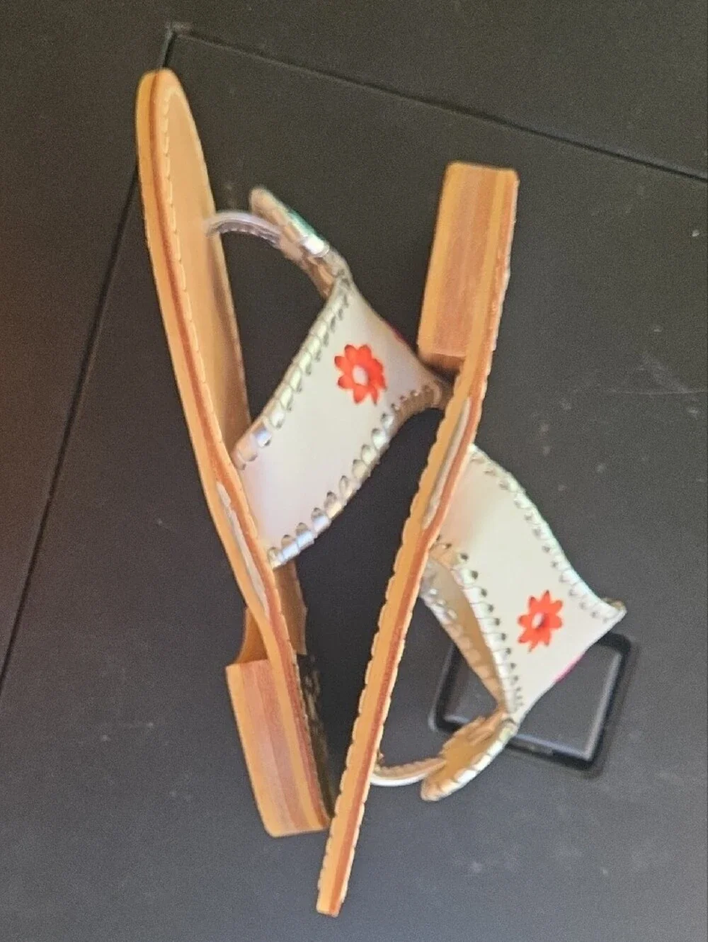 Jack Rogers White Leather Sandal with Multicolor Floral Accents